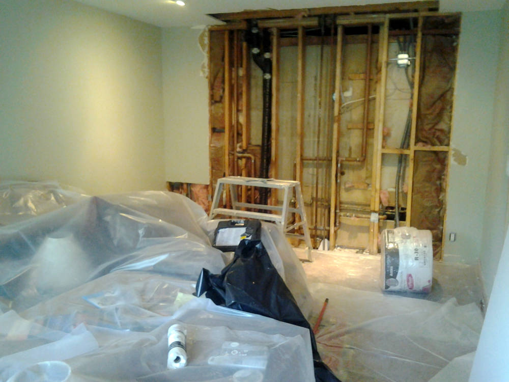 wall where wet drywall and insulation were removed.