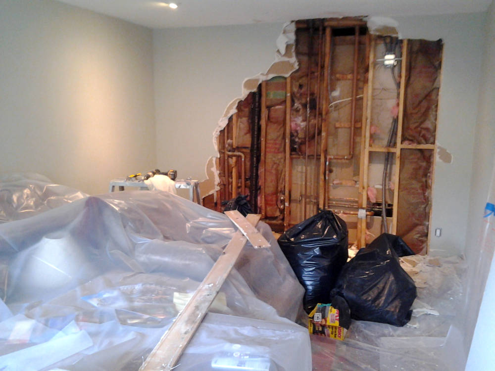 condominium showing water damage in the walls and ceiling.